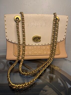 Coach Two-Tone Cream and Tan Chain Bag with Gold Hardware